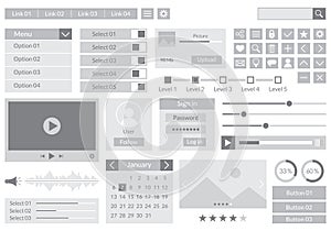 Ui kit design for app, web and mobile. Website interface template with buttons, icons, menu forms. Vector illustration